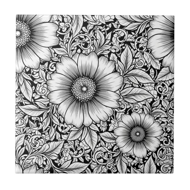 Chic Monochrome Floral Luxury Pattern (7) Tile (Front)