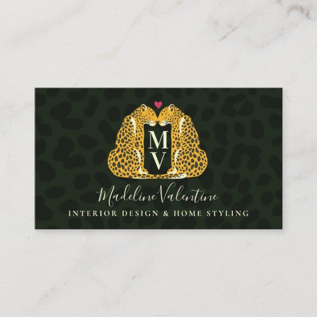 Chic Monogram and Leopards Business Card (Front)