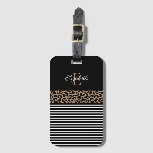 Chic Monogram black Leopard Animal Print Luggage Tag (Front Vertical)