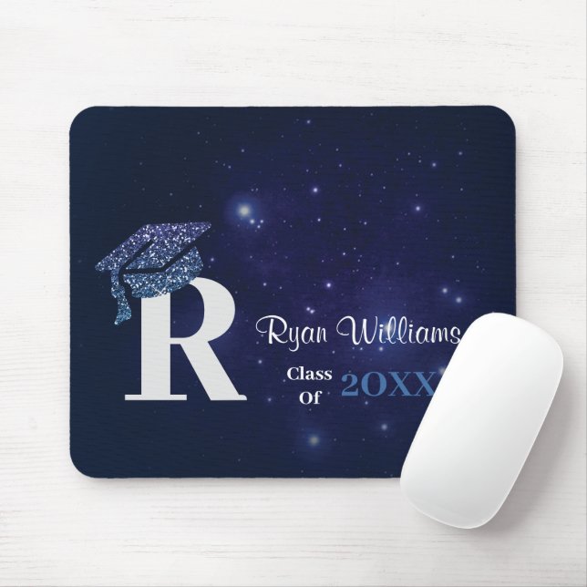 Chic Monogram Blue Glitter Cap Graduation Party Mouse Pad (With Mouse)