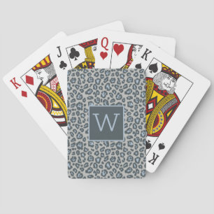 Chic Monogram Blue Grey Leopard Print Pattern Playing Cards