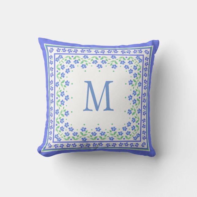 Chic Monogram Blue Periwinkles Floral Border Cushion (Front)