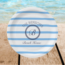Chic Monogram Blue Stripes Family Beach House