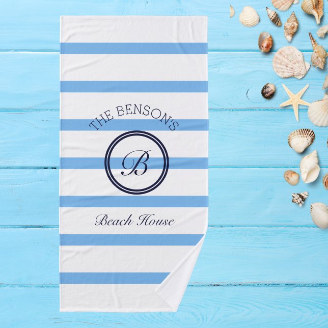 Chic Monogram Blue Stripes Family Name Beach House Bath Towel Set (Creator Uploaded)