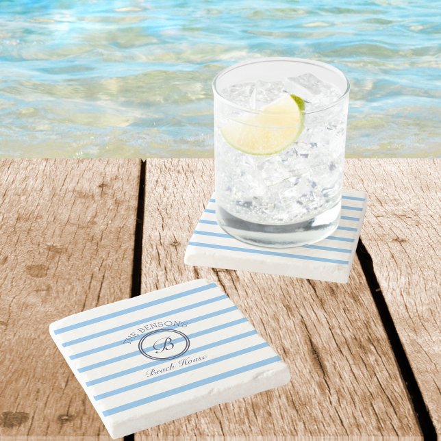 Chic Monogram Blue Stripes Family Name Beach House Stone Coaster (Creator Uploaded)