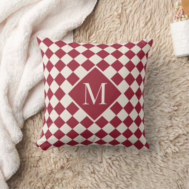 Chic Monogram Burgundy Red Cream Chequered Pattern Cushion (Blanket)