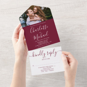 Chic Monogram Burgundy Script Photo Wedding All In One Invitation