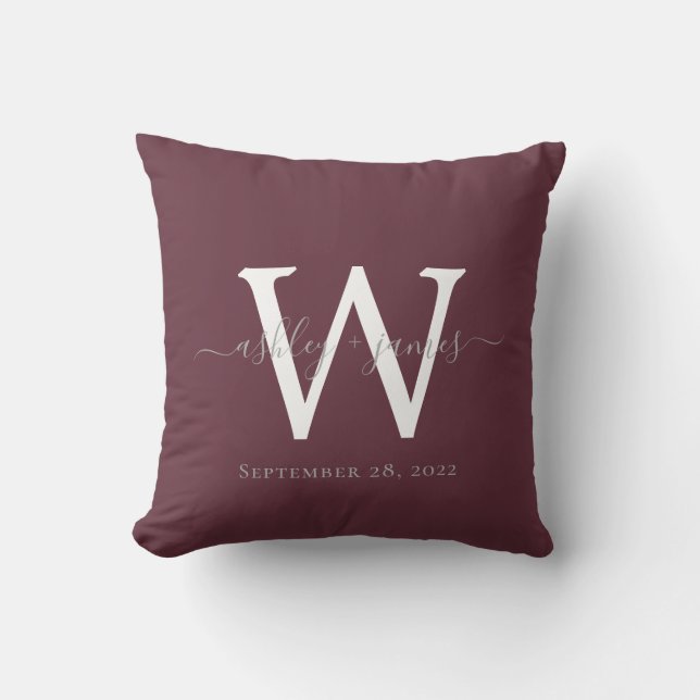 Chic Monogram Burgundy Wedding Keepsake Cushion (Front)