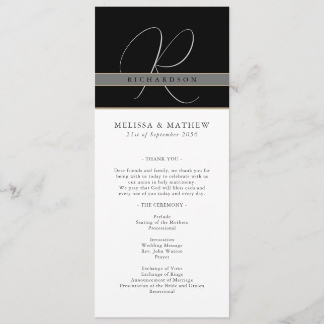Chic Monogram Charcoal Black White Wedding Programme (Front)