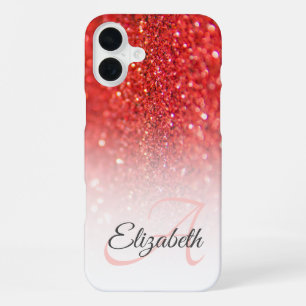 Chic Monogram Coral Faux Glitter Ombre Name iPhone 16 Plus Case