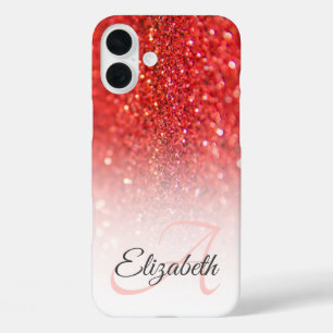 Chic Monogram Coral Glitter Ombre First Name iPhone 16 Plus Case