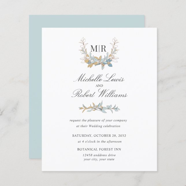 Chic Monogram  Crest Gold and blue floral Wedding (Front/Back)