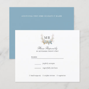 Chic Monogram Crest Gold and blue Wedding RSVP