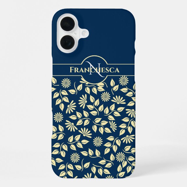 Chic Monogram Custom Name Leaves Daisies Blue iPhone Case (Back)