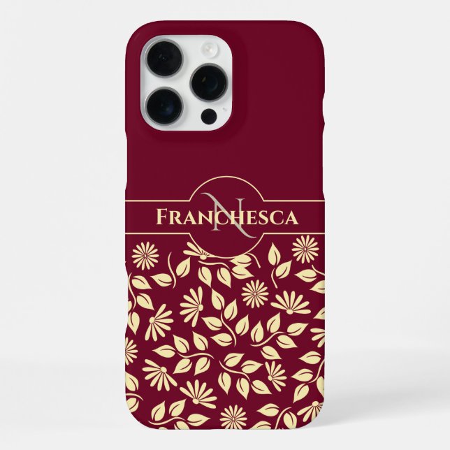 Chic Monogram Custom Name Leaves Daisies Burgundy iPhone Case (Back)