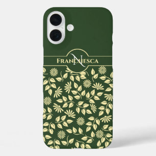 Chic Monogram Custom Name Leaves Daisies Green iPhone 16 Plus Case