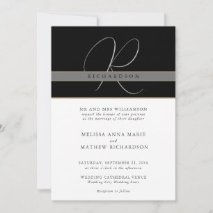 Chic Monogram Elegant Classic Black White Wedding Invitation