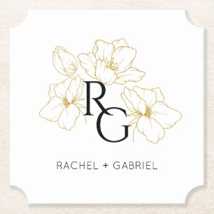Chic Monogram Faux Gold Floral Wedding  Paper Coaster