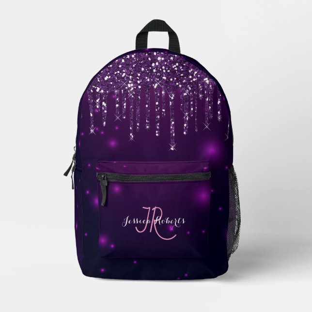 Chic Monogram Girly Hot Purple Glitter Drips Printed Backpack (Front)
