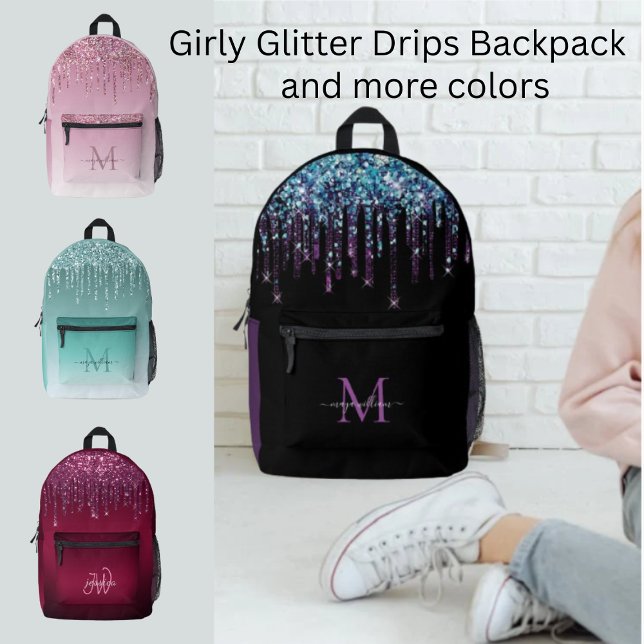 Chic Monogram Girly Hot Purple Glitter Drips  Printed Backpack (Creator Uploaded)