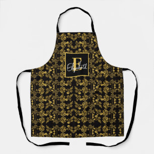 chic Monogram Gold Floral print pattern on black Apron