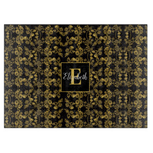 chic Monogram Gold Floral print pattern on black Cutting Board