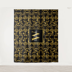 chic Monogram Gold Floral print pattern on black Tapestry