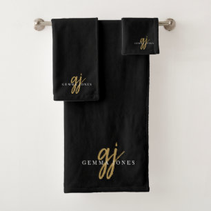 Chic Monogram Gold Script Name Black Bath Towel Set