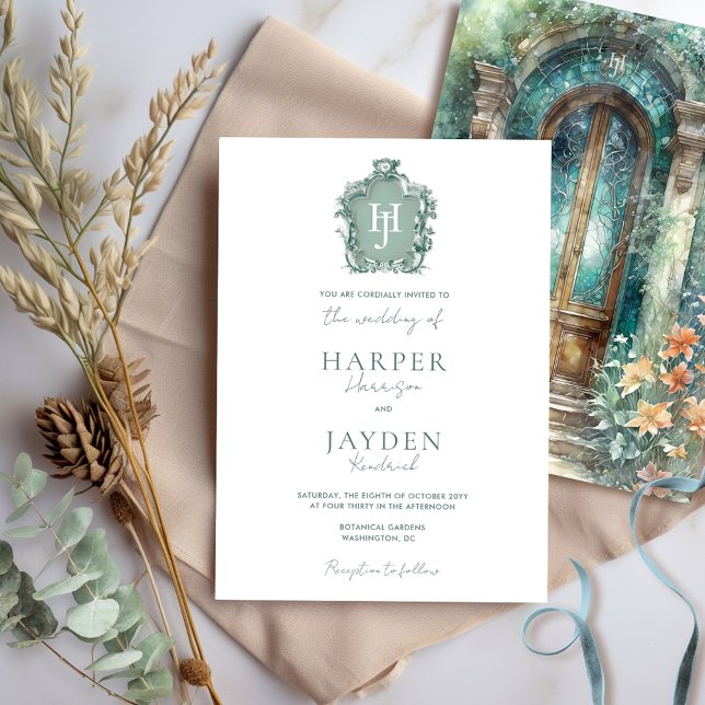Chic Monogram Green, Blue Teal Watercolor Wedding Invitation (Creator Uploaded)