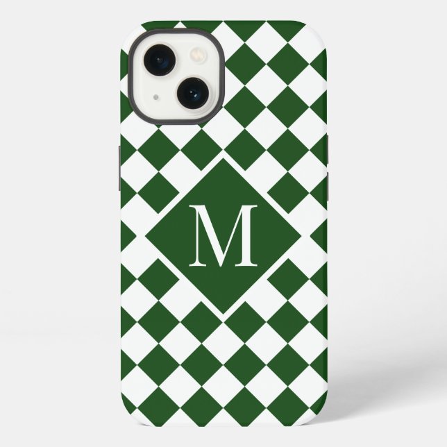 Chic Monogram Green White Chequered Pattern iPhone Case (Back)
