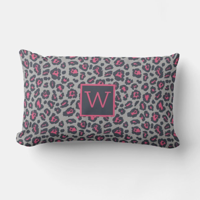 Chic Monogram Hot Pink Grey Leopard Print Pattern Lumbar Cushion (Front)