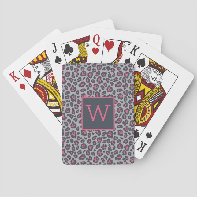 Chic Monogram Hot Pink Grey Leopard Print Pattern Playing Cards (Back)