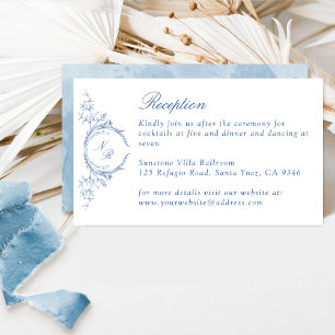 Chic Monogram in Blue Watercolor Wedding Reception Enclosure Card