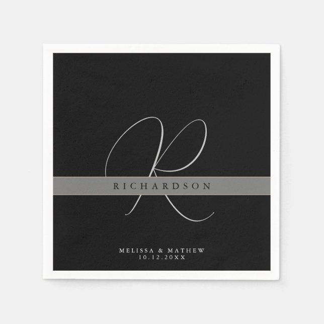 Chic Monogram Initial Name Charcoal Grey Black Napkin (Front)