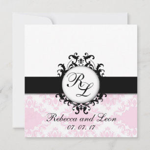 Chic Monogram Initials Pink Damask Wedding Invite