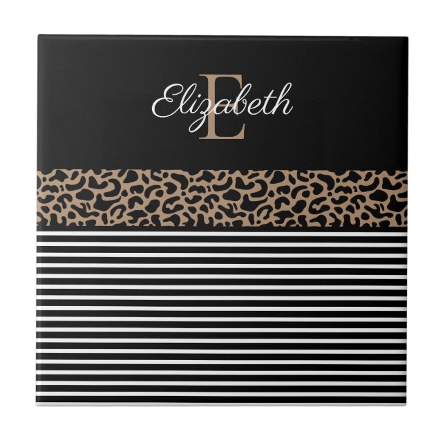 Chic Monogram Leopard Print Tile (Front)