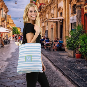 Chic Monogram Light Blue and White Striped  Tote Bag