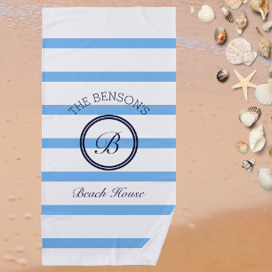 Chic Monogram Light Blue Stripes Family Name Beach Towel