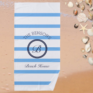 Chic Monogram Light Blue Stripes Family Name  Beach Towel