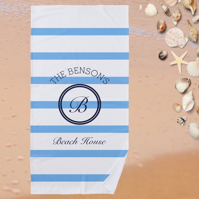 Chic Monogram Light Blue Stripes Family Name  Beach Towel (Creator Uploaded)