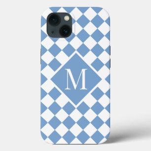 Chic Monogram Light Blue White Chequered Pattern iPhone 13 Case