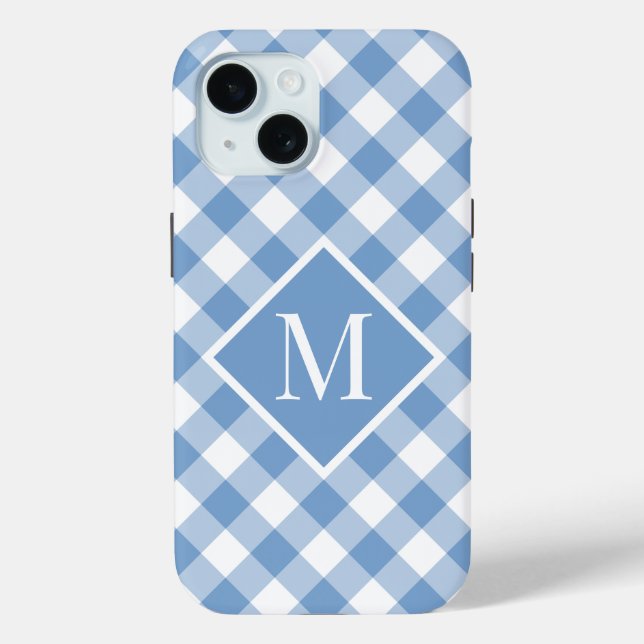Chic Monogram Light Blue White Gingham Check Case-Mate iPhone Case (Back)
