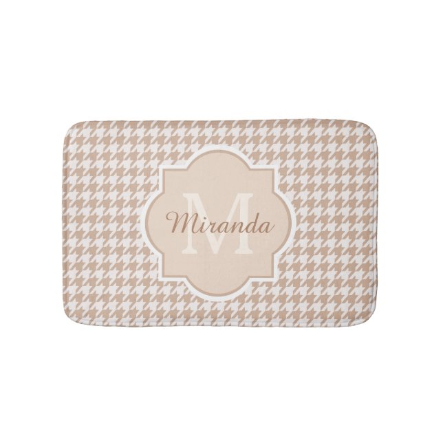 Chic Monogram Light Brown Houndstooth With Name Bath Mat (Front)