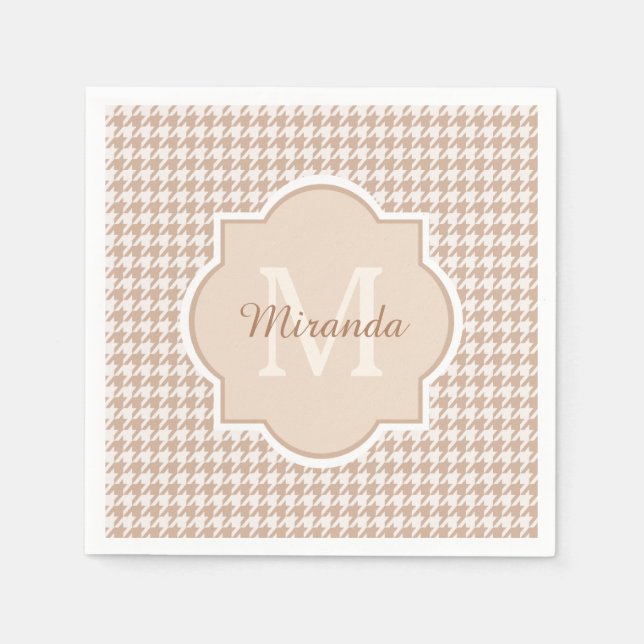 Chic Monogram Light Brown Houndstooth With Name Napkin (Front)