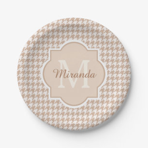 Chic Monogram Light Brown Houndstooth With Name Paper Plate