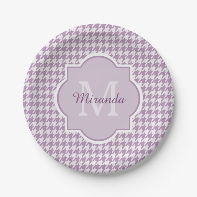 Chic Monogram Light Purple Houndstooth With Name Paper Plate (Front)
