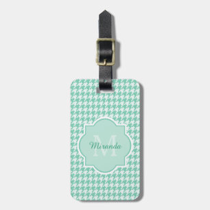 Chic Monogram Mint Green Houndstooth With Name Luggage Tag