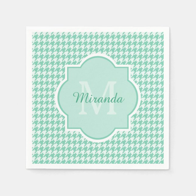 Chic Monogram Mint Green Houndstooth With Name Napkin (Front)