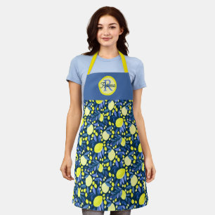 Chic Monogram Name Rustic Citrus Lemons Blue Leaf Apron