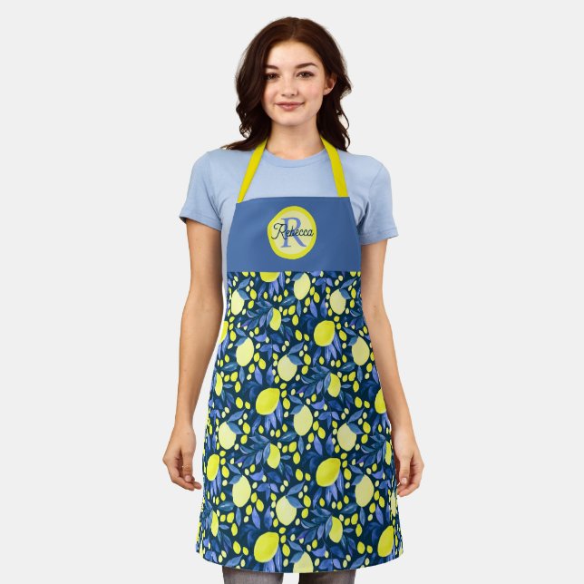 Chic Monogram Name Rustic Citrus Lemons Blue Leaf Apron (Worn)